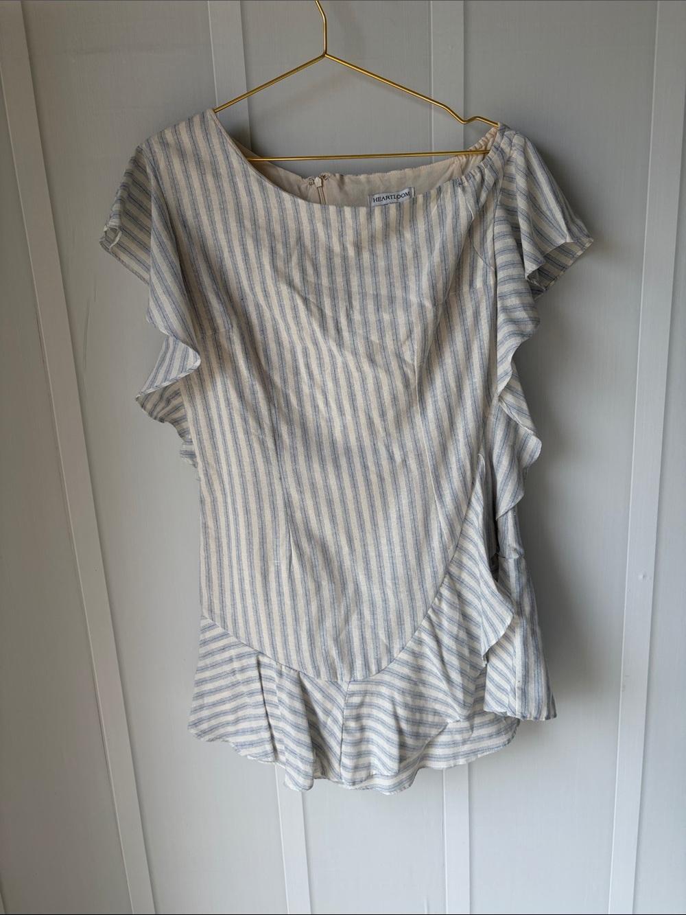 Heartloom Blue & Cream Striped Ruffle Sleeve Blouse Asymmetrical Neckline